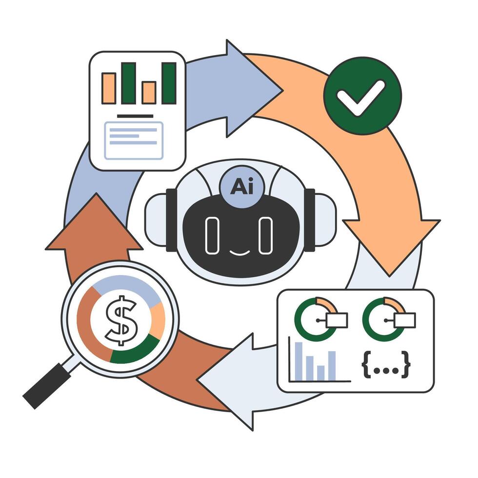 Help of Artificial intelligence for business. AI-powered production, management vector