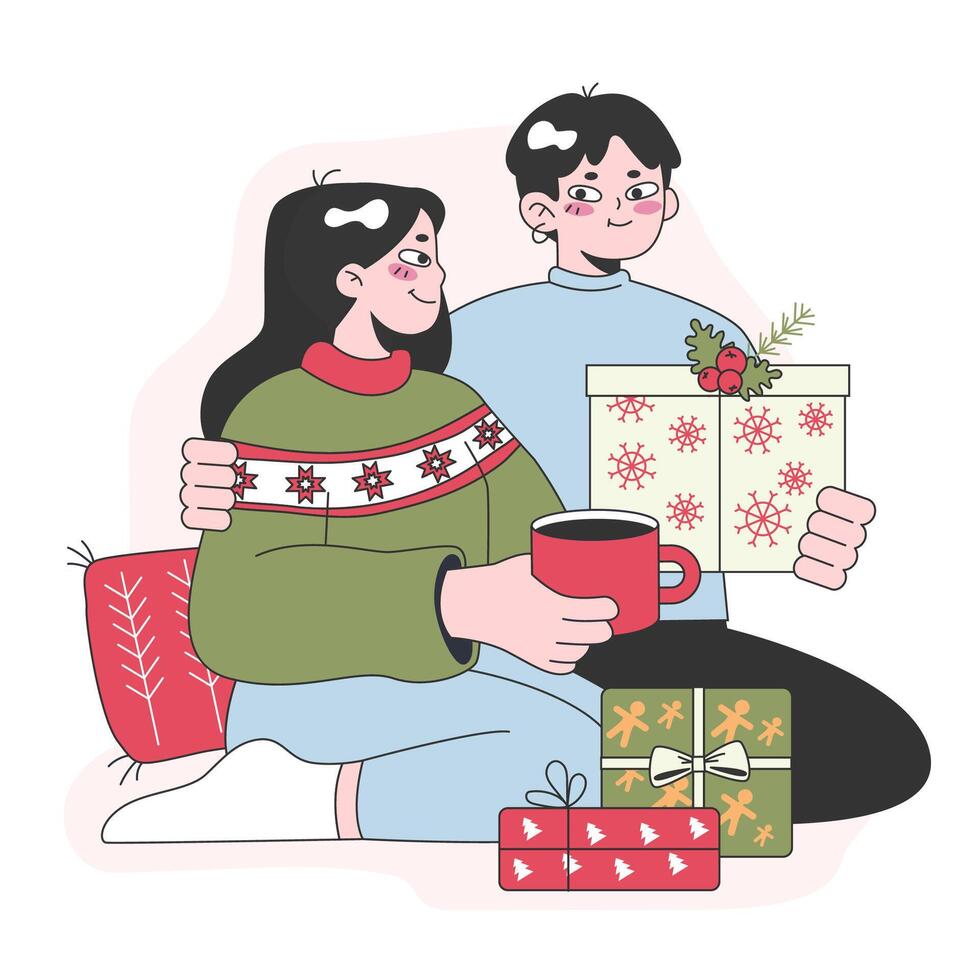 Characters celebrate christmas and new year. Family or cute couple vector