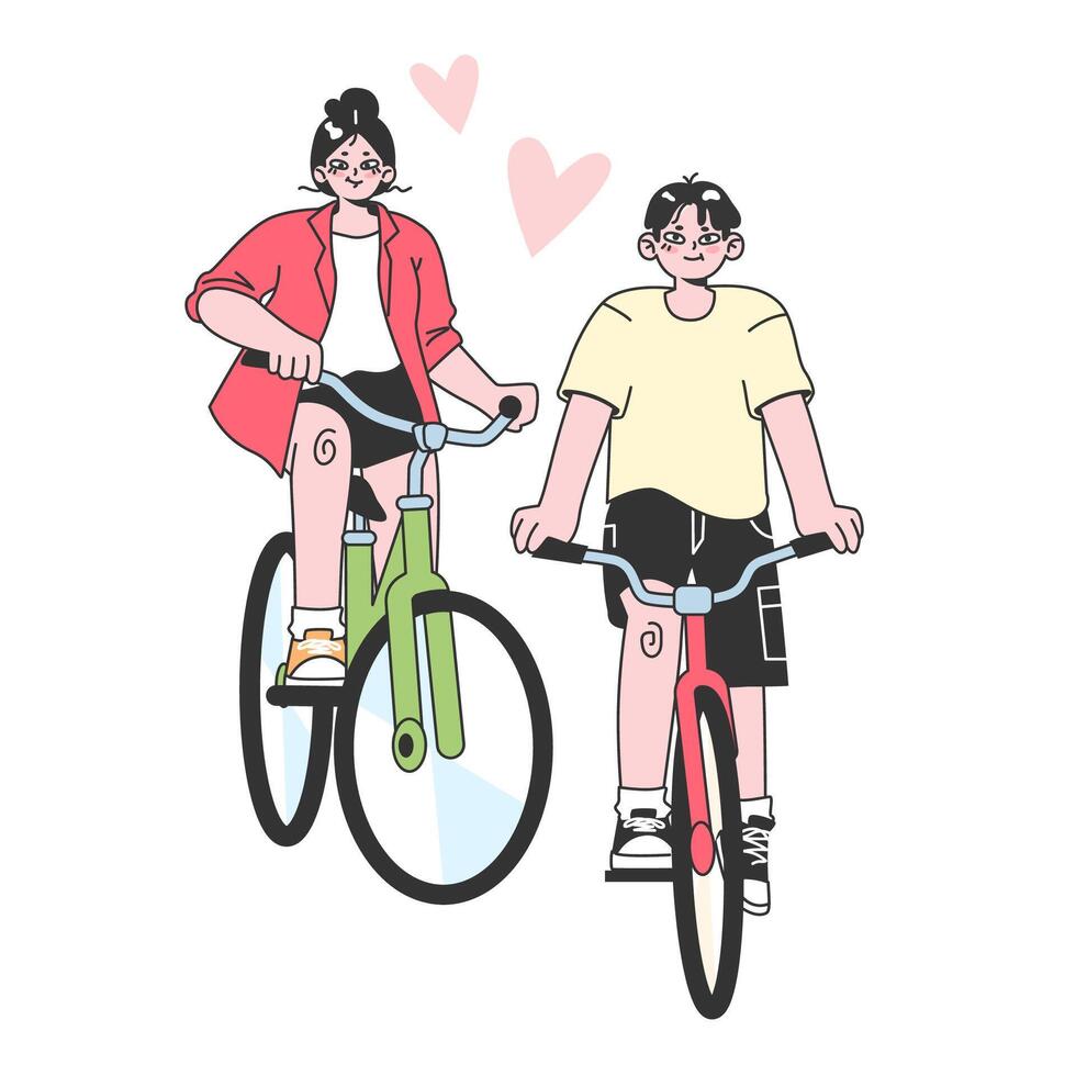 Cute romantic couple riding bicycle together. Young woman and man vector