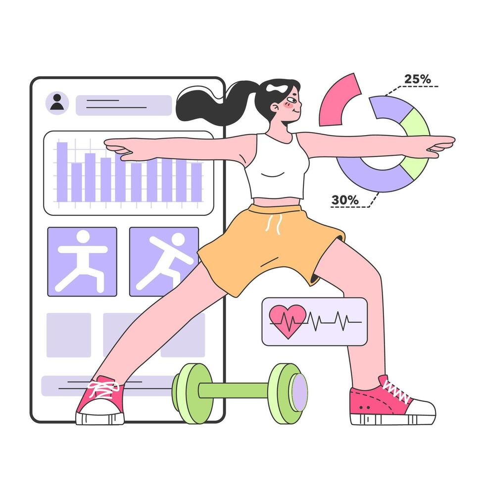 Health and wellness tracker application. Young female character vector