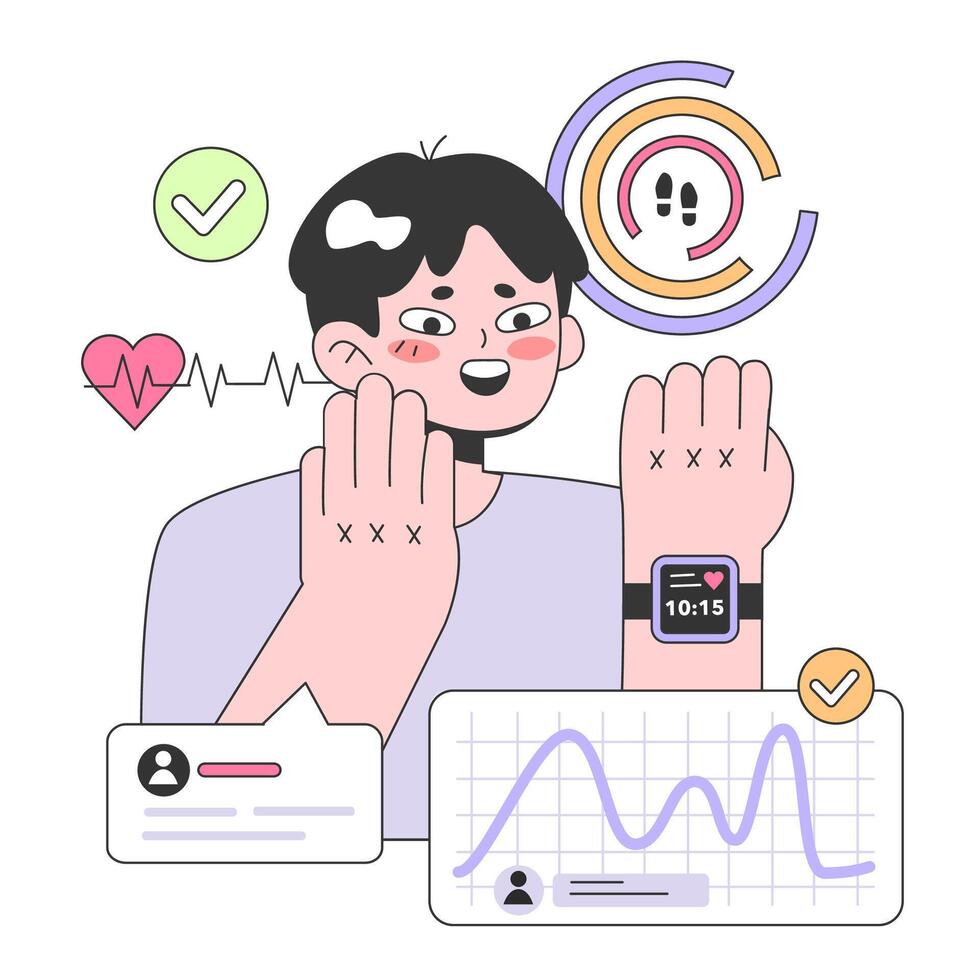 Health tracker smart watch. Character using electronic gadget to monitor vector