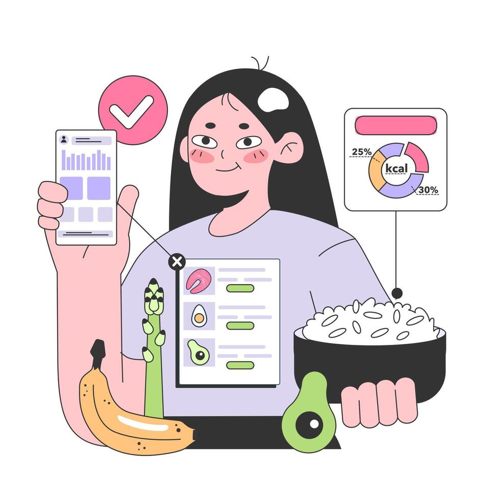Healthy diet and calorie tracker application. Character using digital device vector