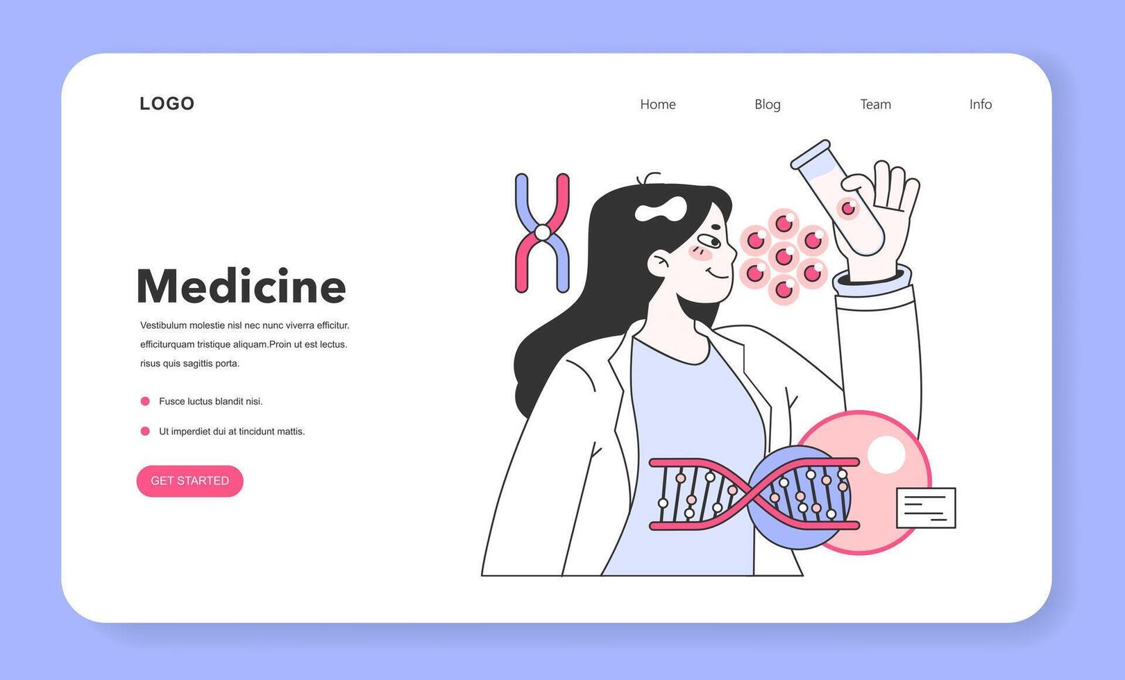 Genomics web banner or landing page. Scientists analyzing DNA helix. vector