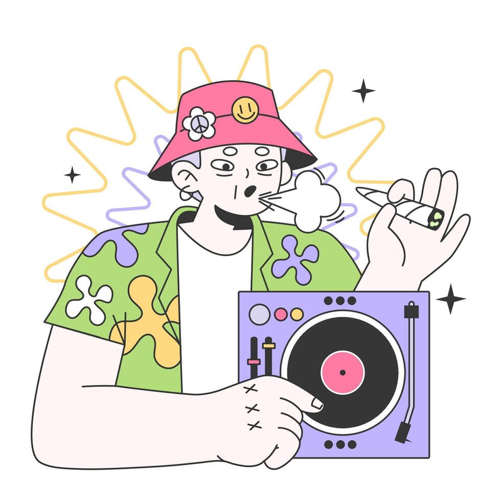 Mature character DJing and smoking a joint at festival campsite. vector