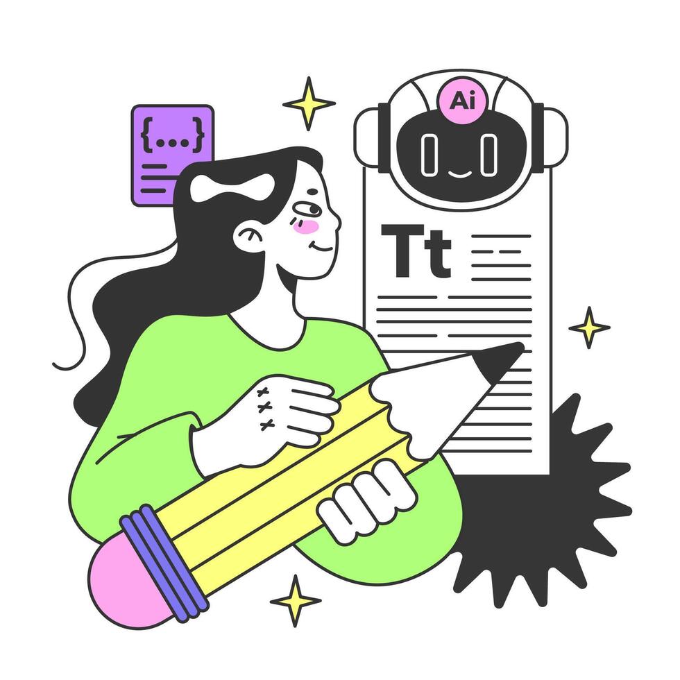 Young female prompt-engineer writing a prompt to a artificial neuron vector