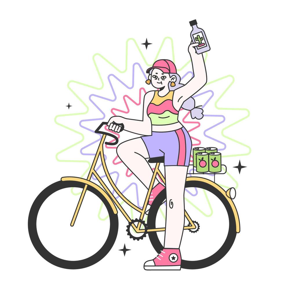 Mature character riding a bicycle. Campsite festival leisure. Old vector