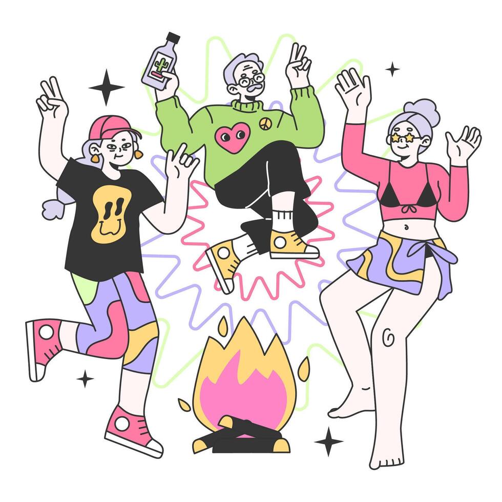 Mature characters dancing and drinking alcohol at festival vector