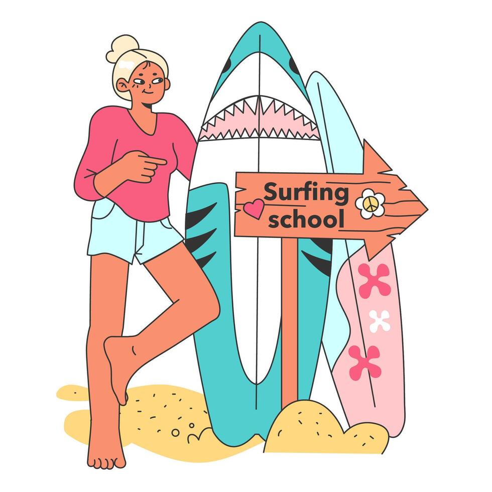 Surfing school. Character in a swimsuit spending time on the beach vector