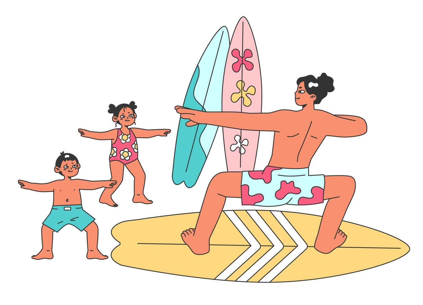Surfing school. Character in a swimsuit spending time on the beach vector