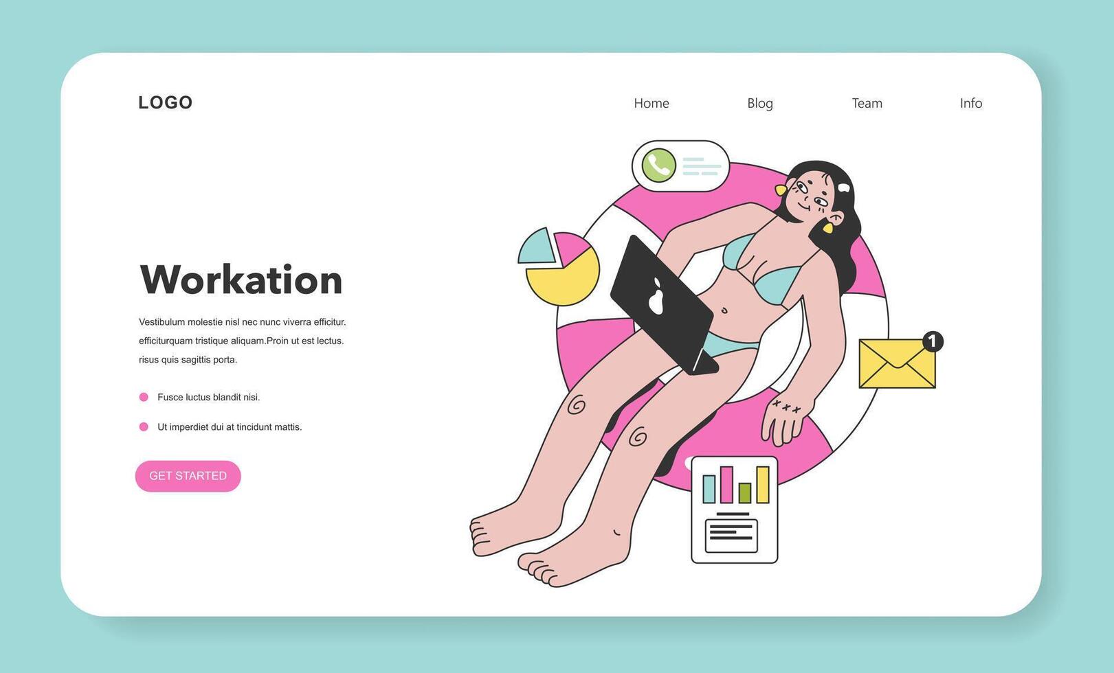 Workcation web banner or landing page. Chatacter working away from the office. vector