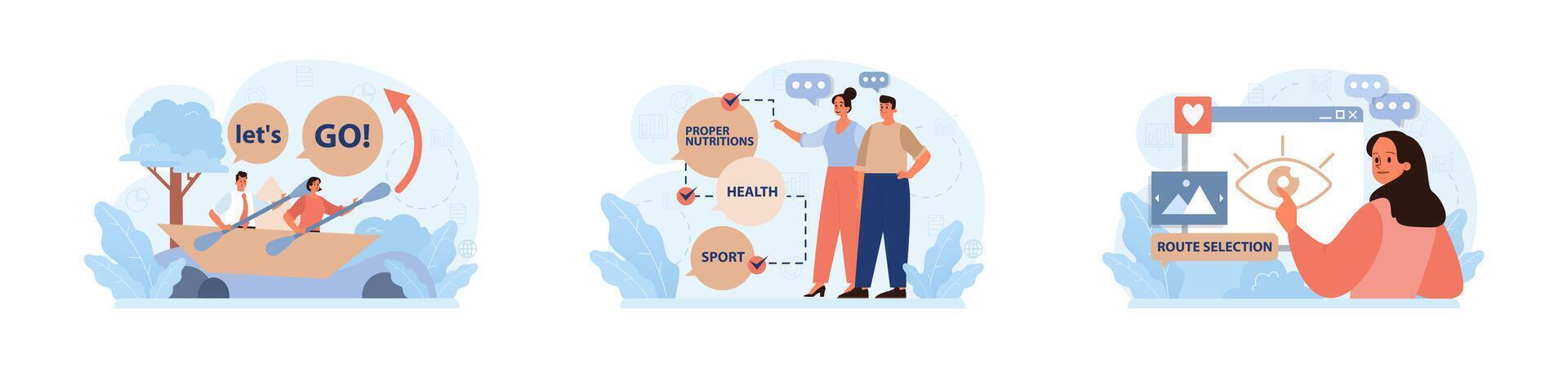 Active and healthy lifestyle set. Proper nutrition, water balance, physical vector