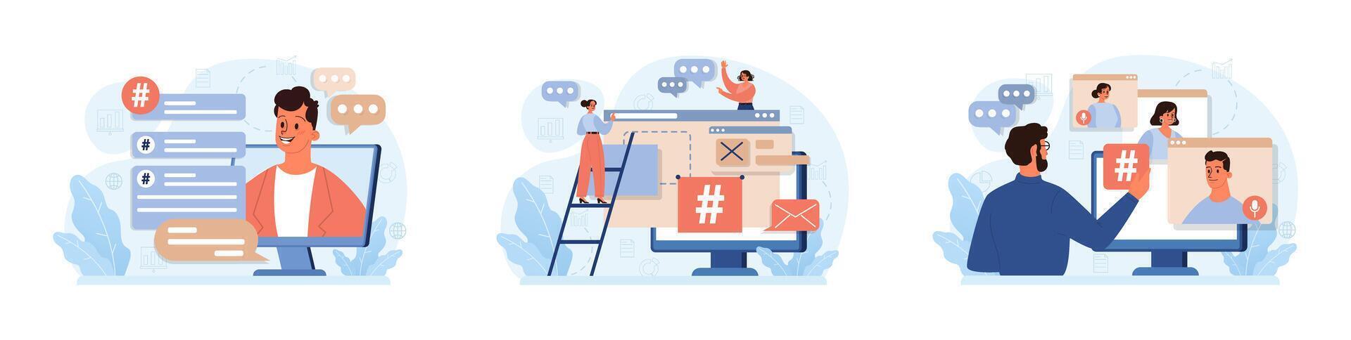 Hashtag set. Character using digital device for sending posts and sharing vector