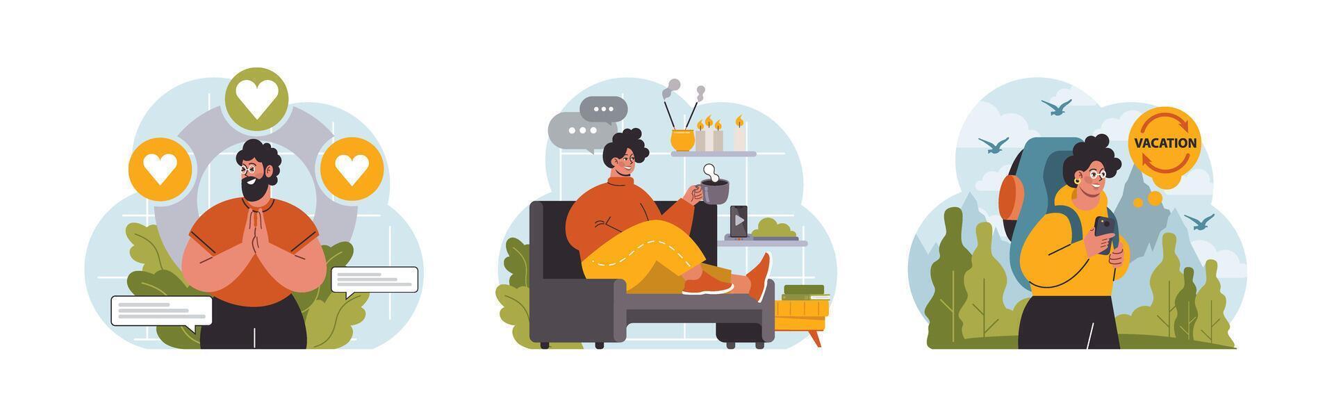 Modern wellbeing practice set. Slow, mindful and sustainable living. Urban vector