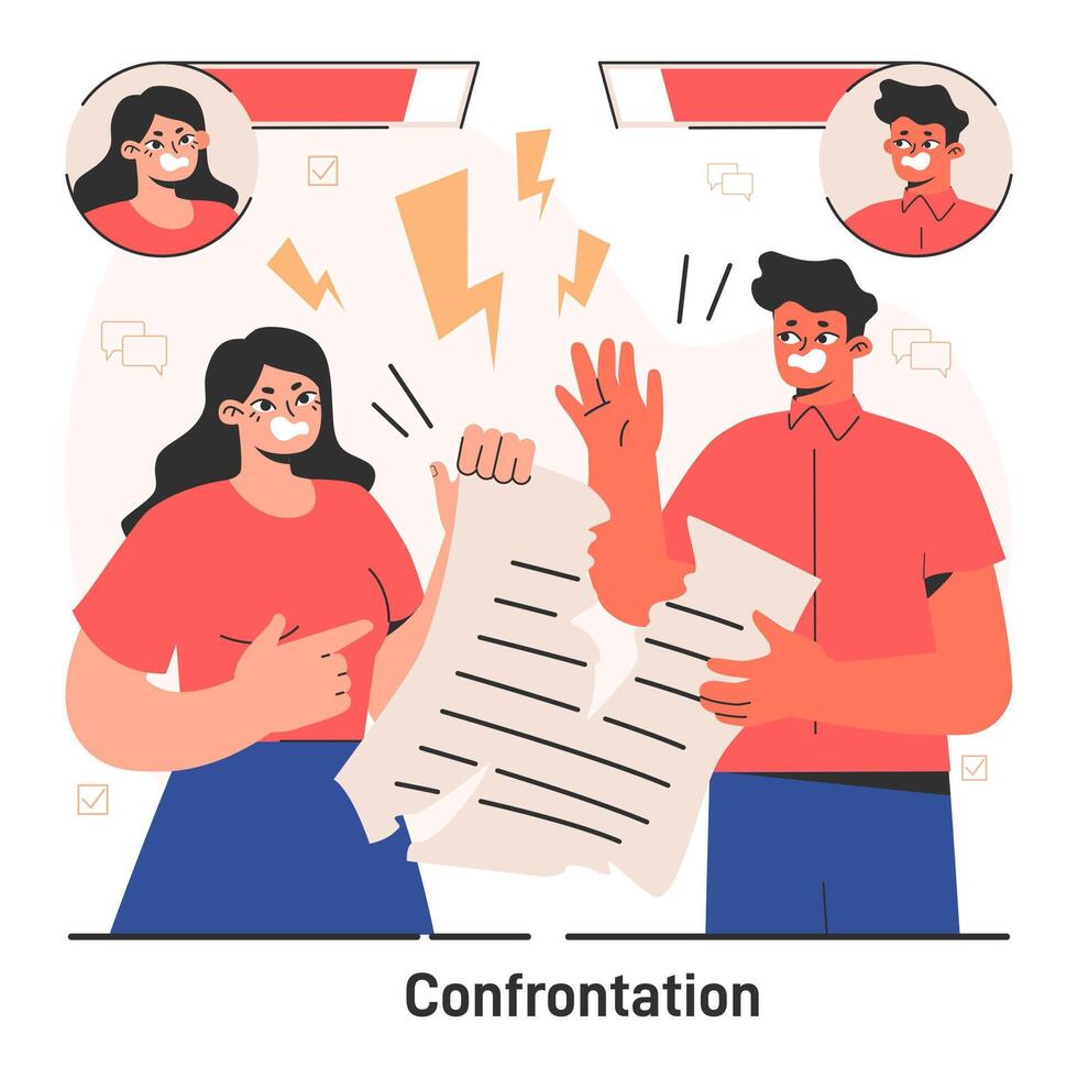 Conflict between coworkers. Tensed argument of two employees. Confrontation vector