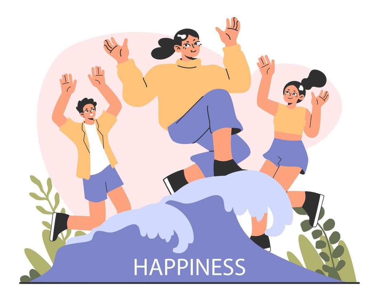 Happiness. Happy young characters jumping. Positive, cheerful people vector