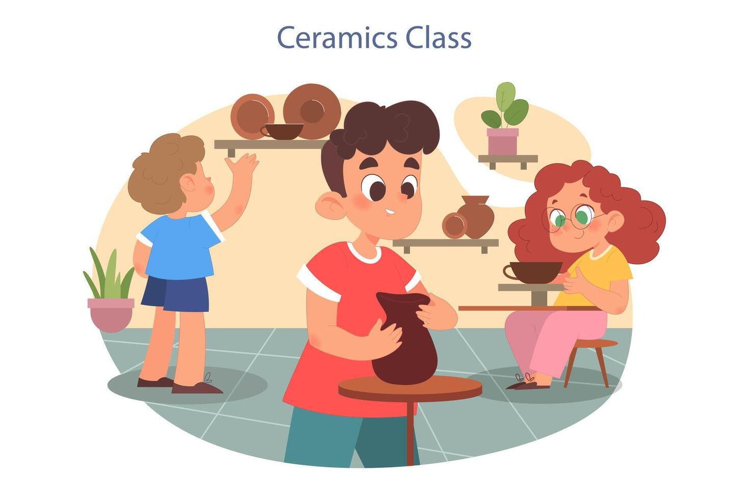 Ceramic and pottery art class. Kids sculpting and creating pottery on potters vector