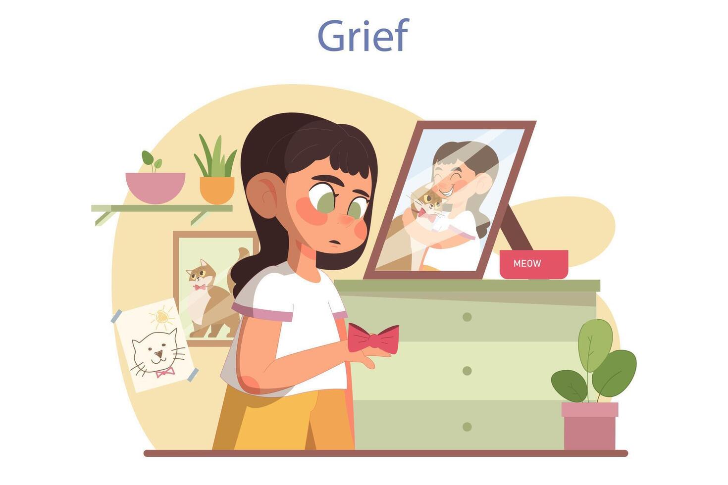 Illustration of a Kid Boy Crying and Hugging a Picture Frame of His Pet Dog vector