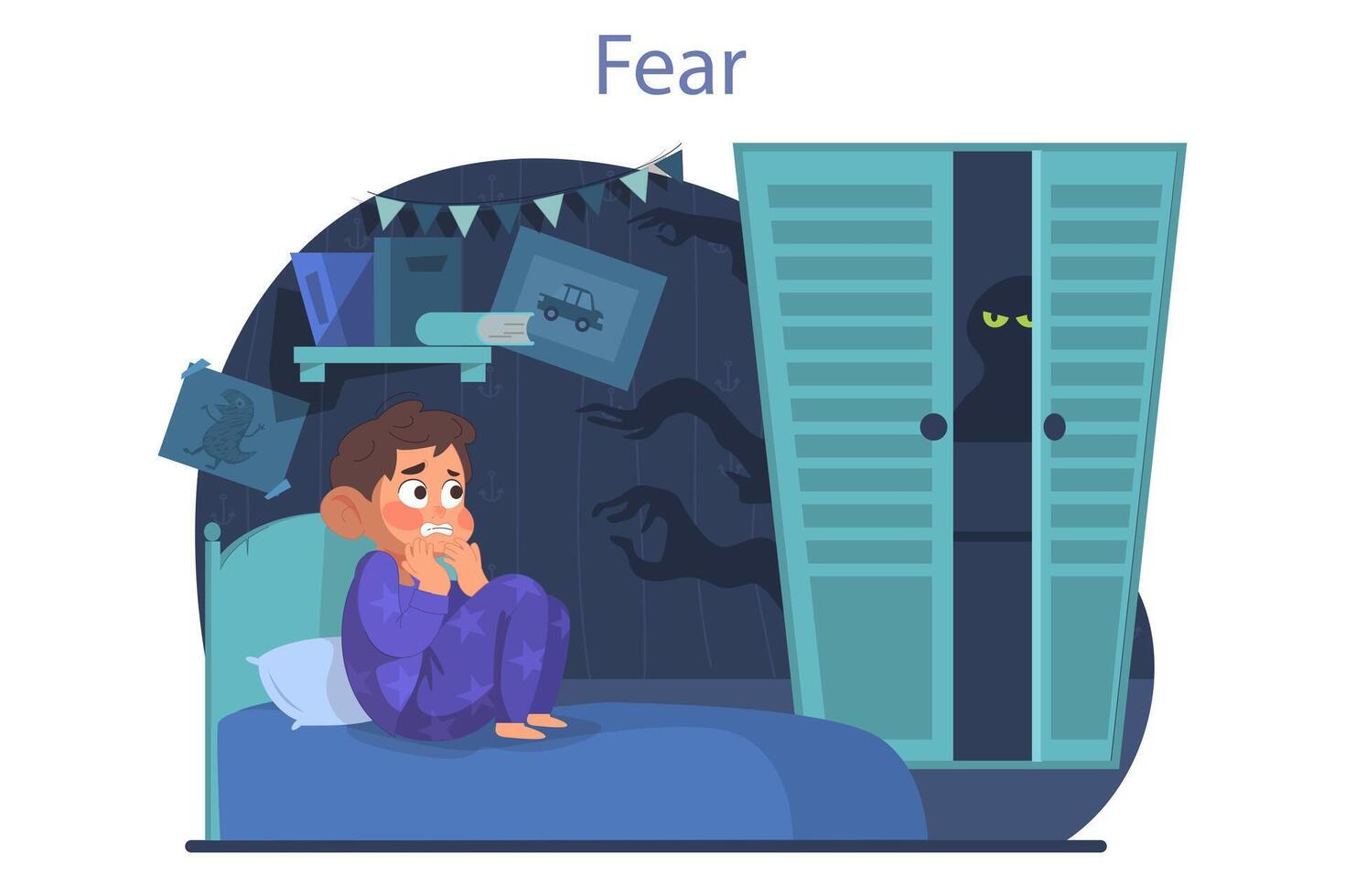 Boy is afraid of dark and monsters in his closet. Scared child sitting on bed, vector