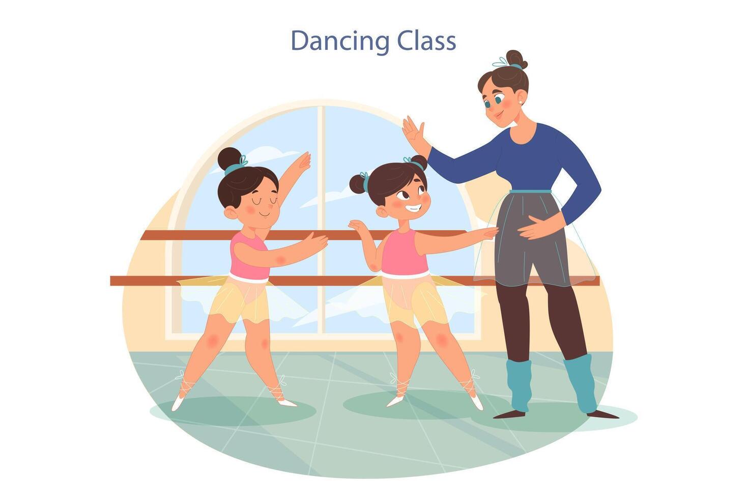 Dancing class. Little school girls and choreographer in dance studio vector
