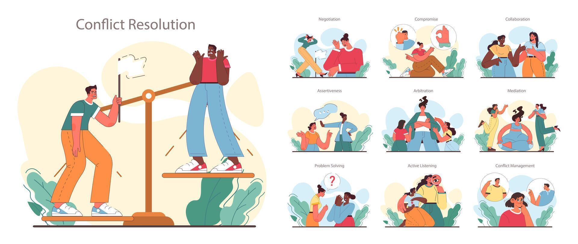 Soft skill development set. Character with conflict resolution skill. Person resolve vector