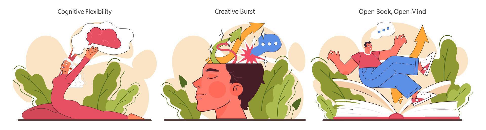 Open-mindedness set. The ability to accept new ideas and concepts vector
