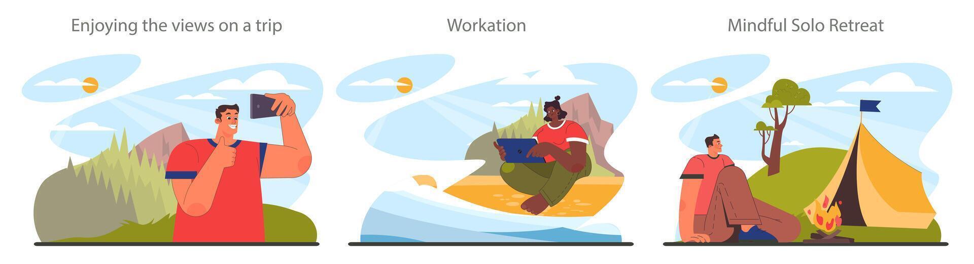 Solo travel set. Character traveling alone with a back pack. Outdoor relaxation vector