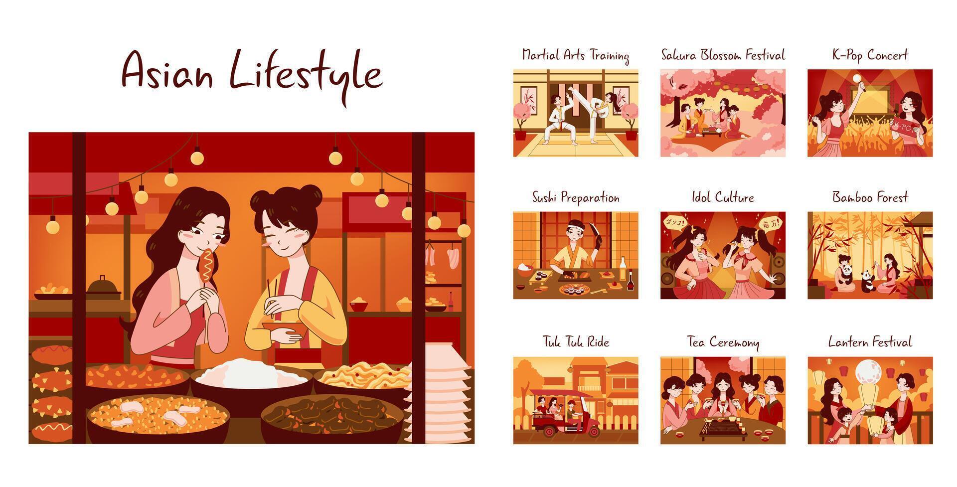 Asian people lifestyle and culture set. Characters enjoying their free time vector