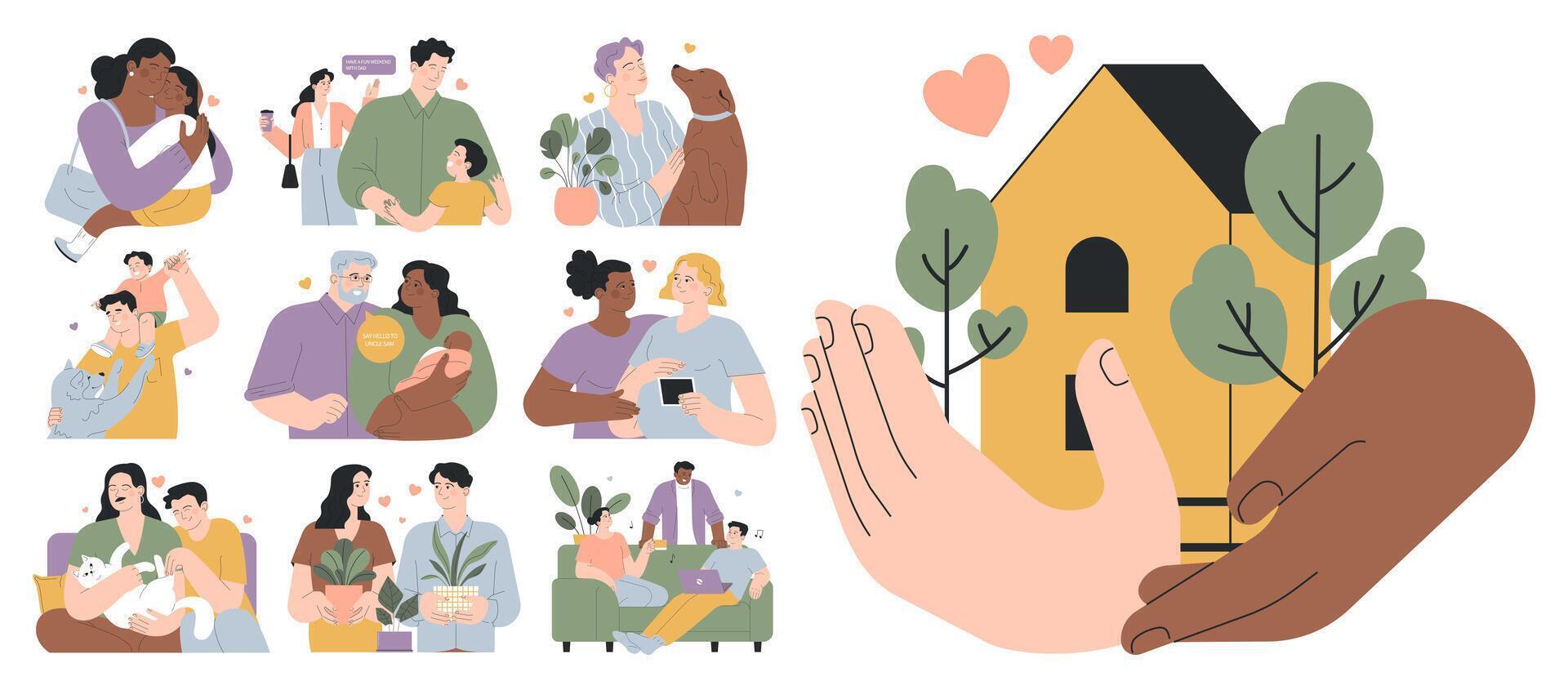 non-traditional family relationships set. Modern happy loving family vector