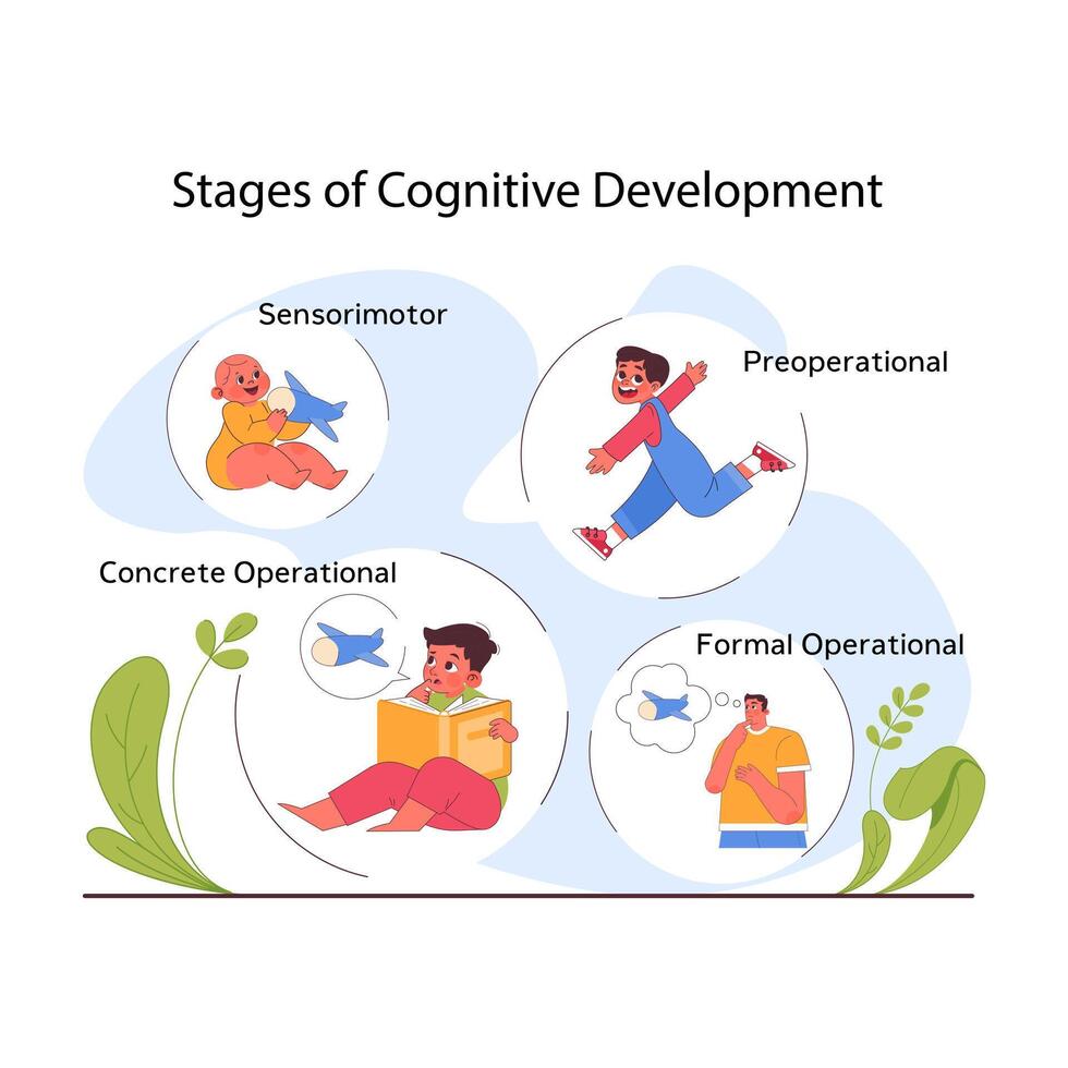 Stages of children cognitive development. Process of kids intelligence vector