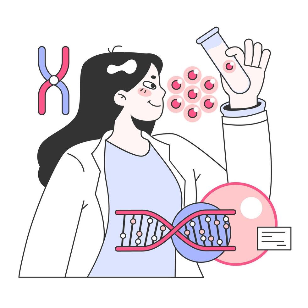 Genomics. Scientists analyzing DNA helix. Genetic engineering. Scientist vector