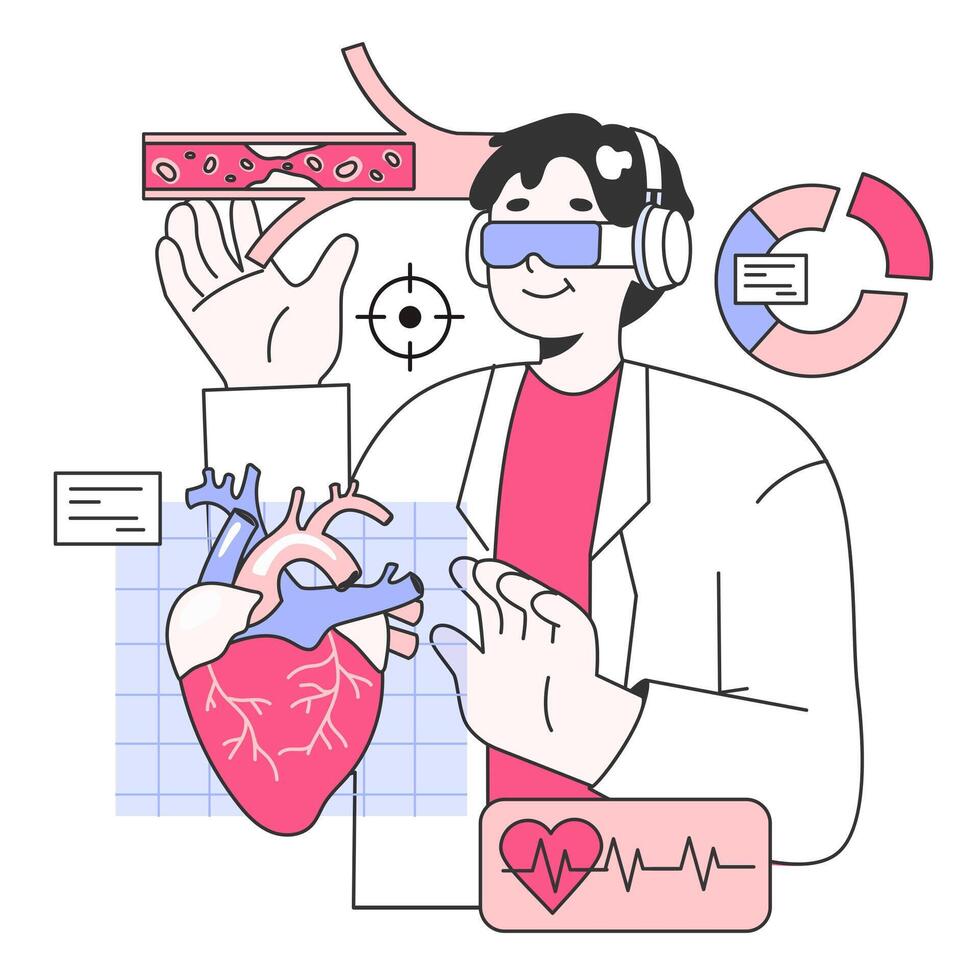 Bioinformatics. Doctor works with virtual reality technology for patient vector