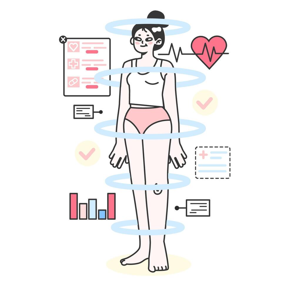 Health tracker. Character using smart electronic watch to monitor body vector