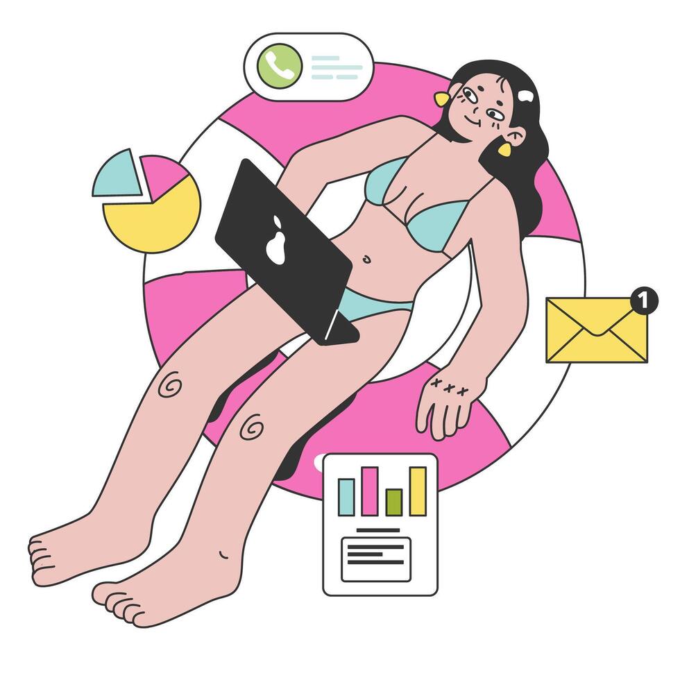 Workcation. Chatacter working away from the office. Digital nomad vector
