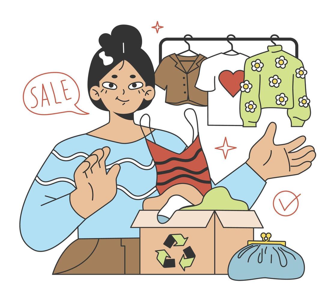 Wardrobe developing. Character doing a apparel audit, throwing away vector
