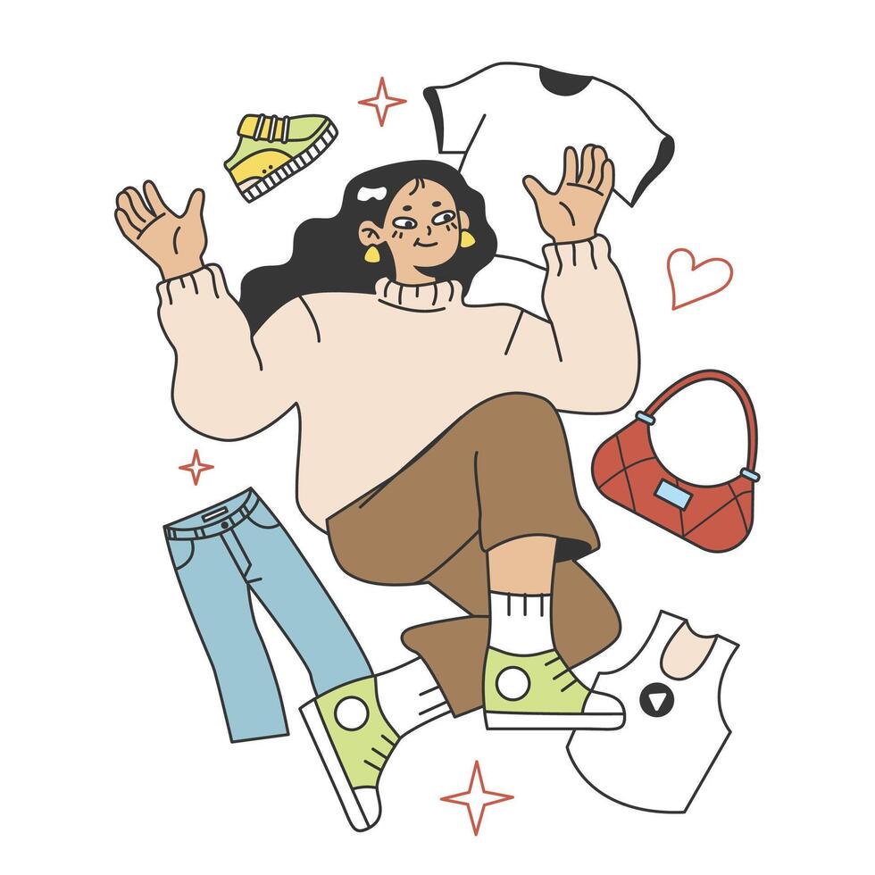 Wardrobe developing. Character choose or collect sets of clothes, making vector