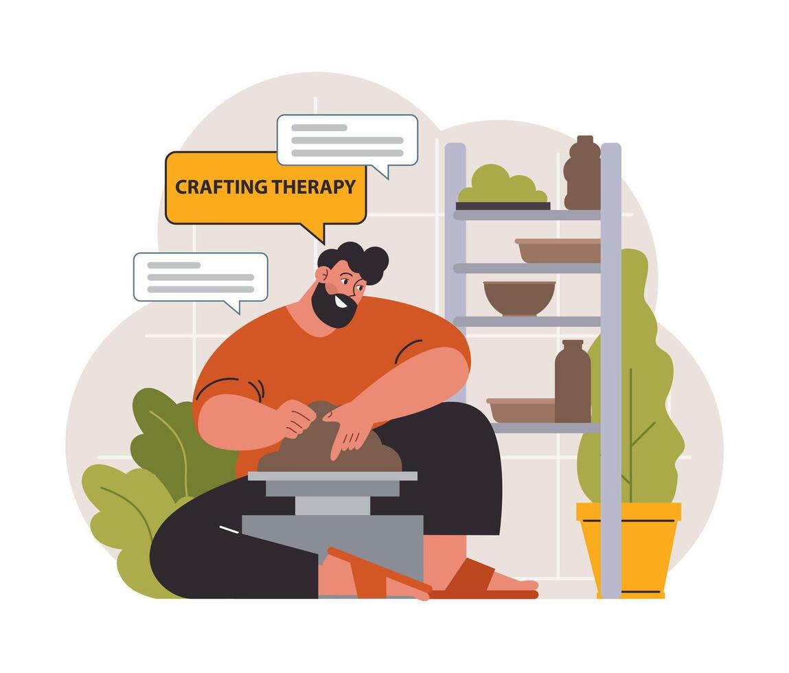 Craft therapy. Character developing a creativity. Self-expression idea vector