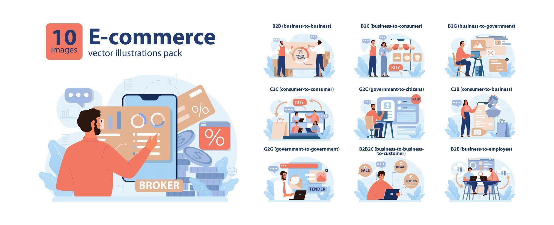 E-store and e-commerce set. Entrepreneur selling goods and gaining vector