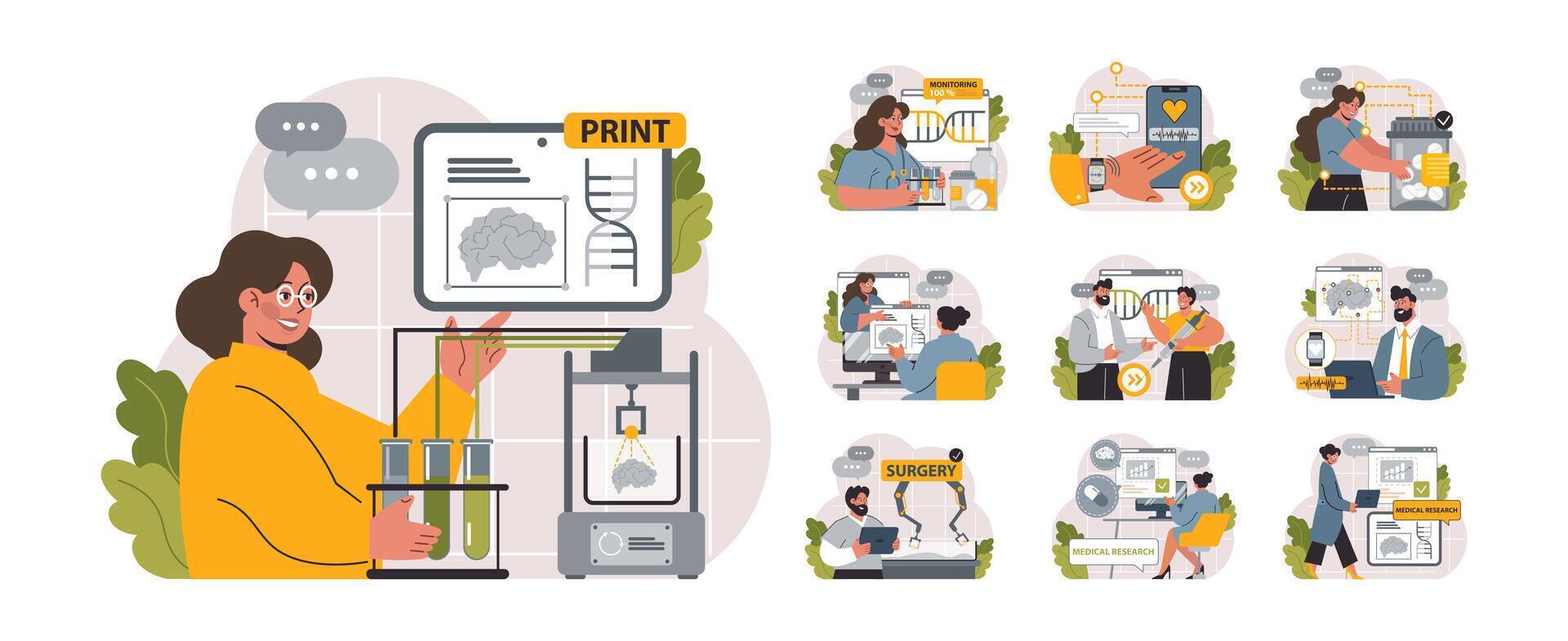 Healthtech set. Innovative diagnosis and treatment methodics. Telemedicine vector