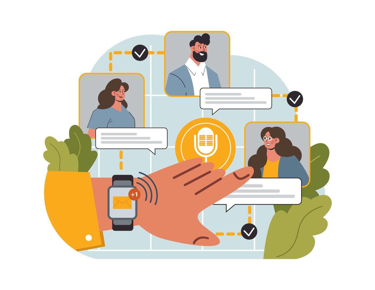 Online communication. Group friends speaking to each other, having vector