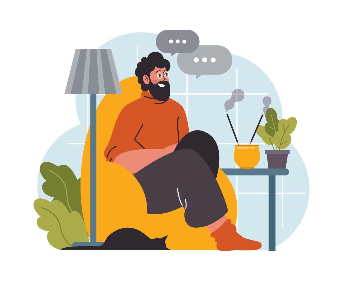 Modern wellbeing practice. Happy man relaxing at home, weekend leisure vector