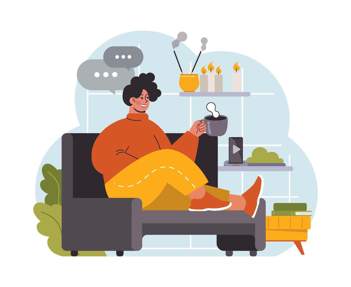 Modern wellbeing practice. Happy woman relaxing at home, weekend vector