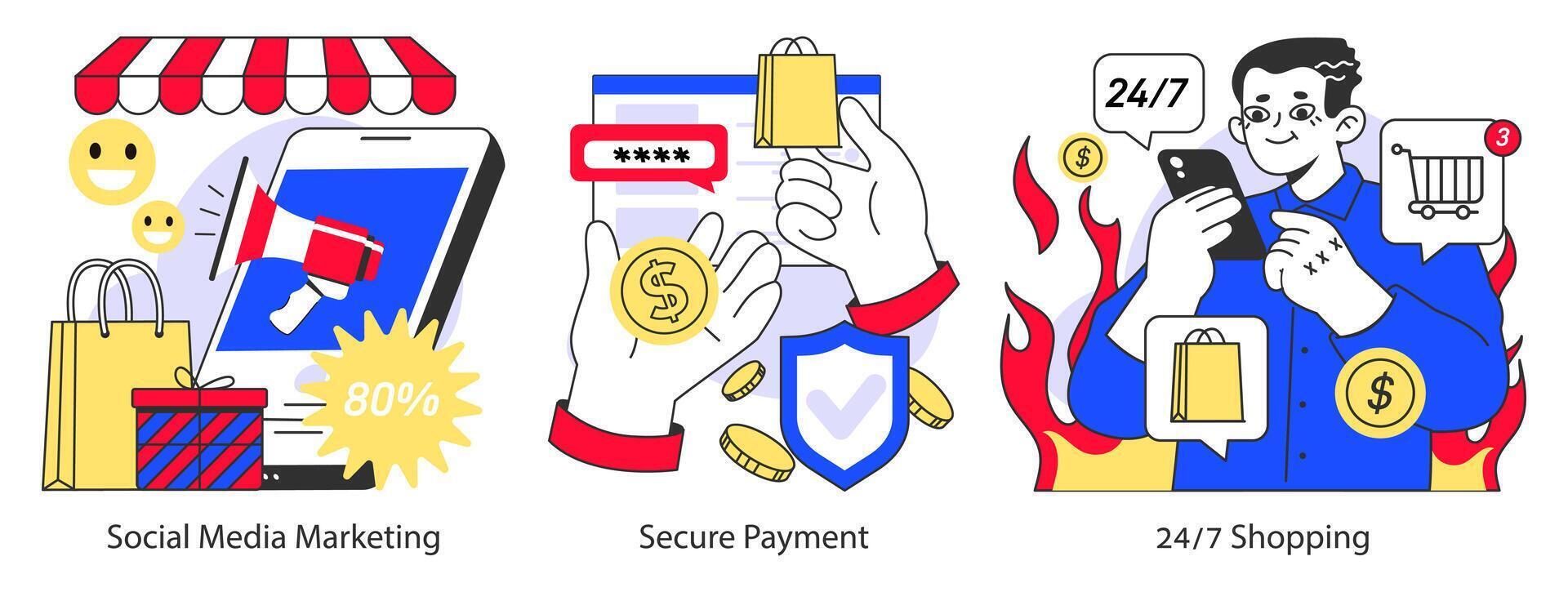 E-commerce set. Online shopping with a big discount and special offer vector