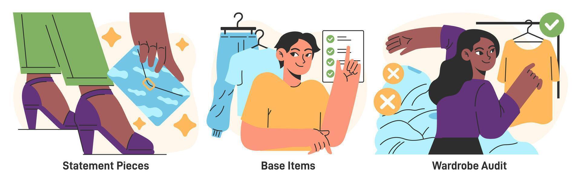 Capsule wardrobe set. Character choose or collect sets of clothes, making vector