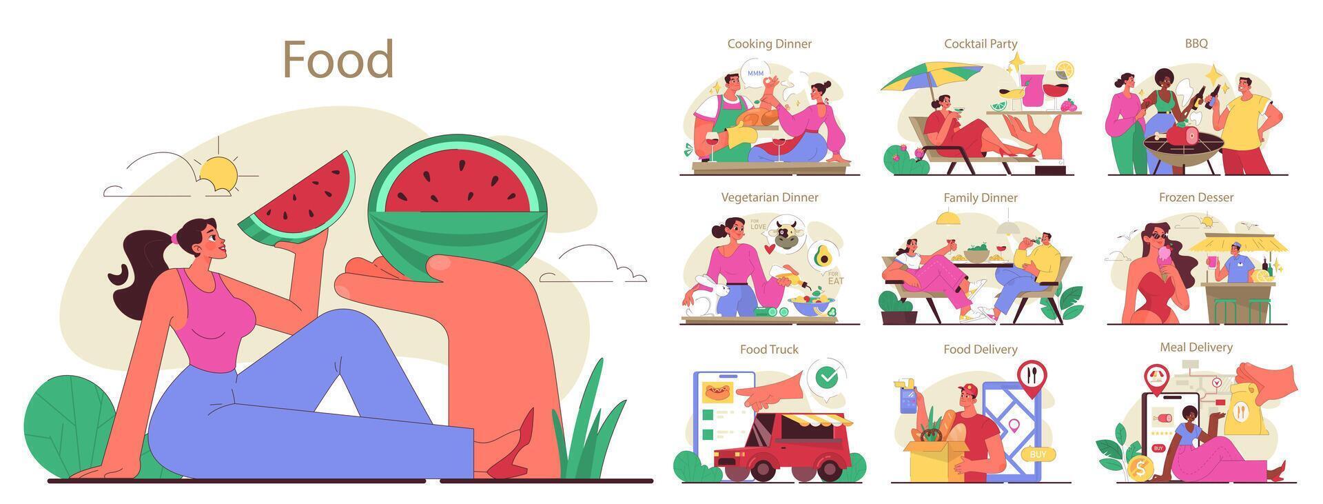 People cooking and eating food set. Character enjoying delivered vector