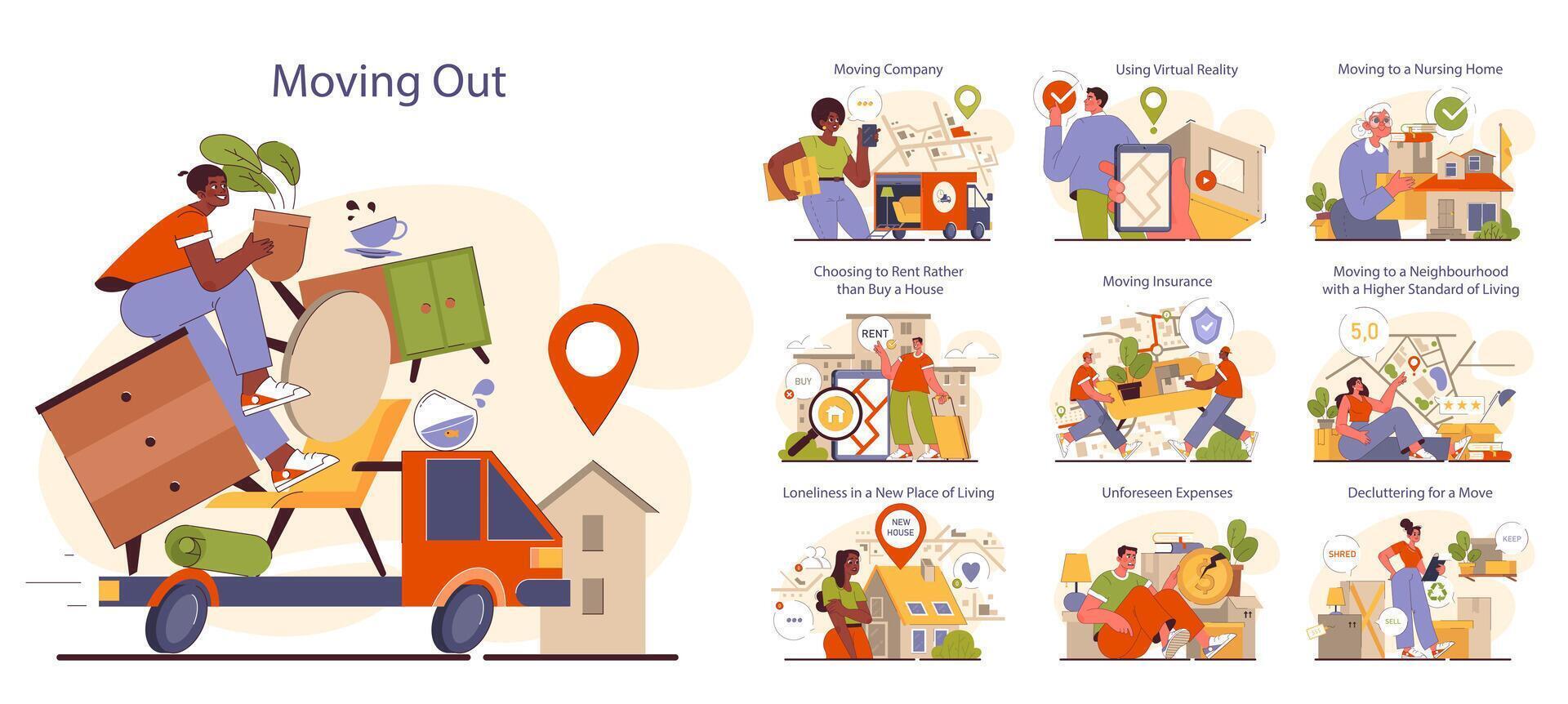 People moving out set. Characters pack belongings and relocating vector