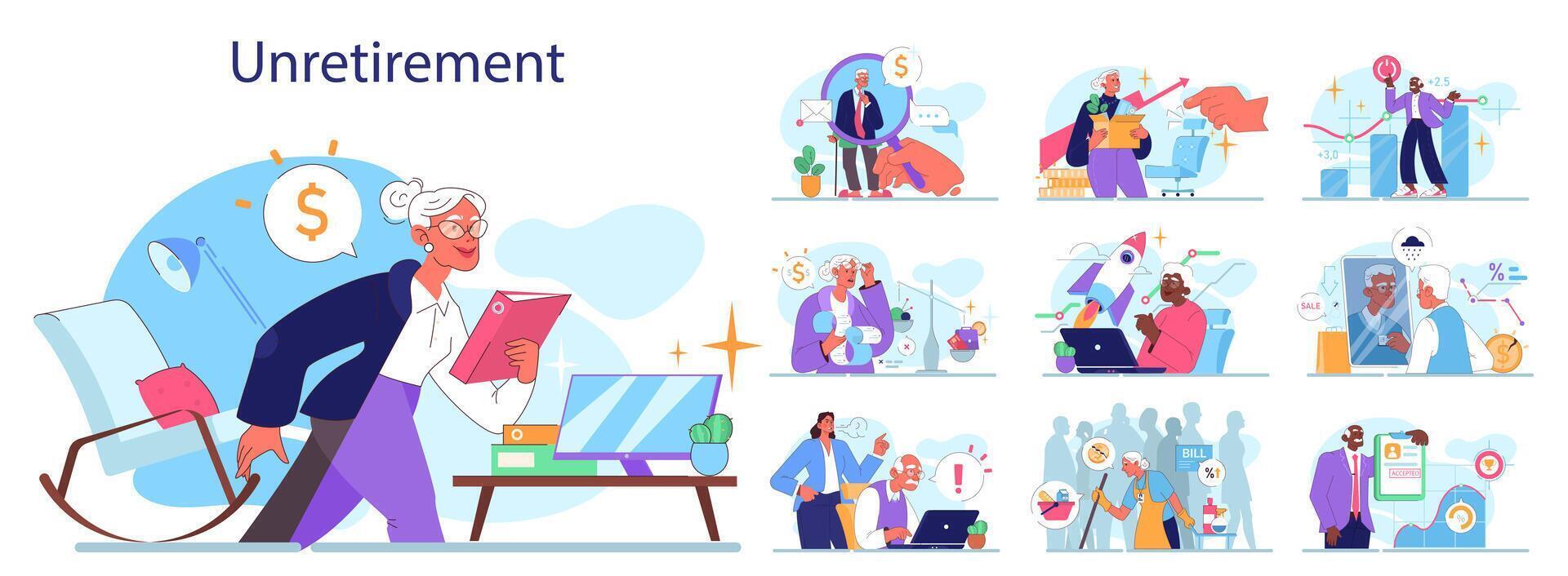 Senior employee set. Elderly character keep working after retirement vector