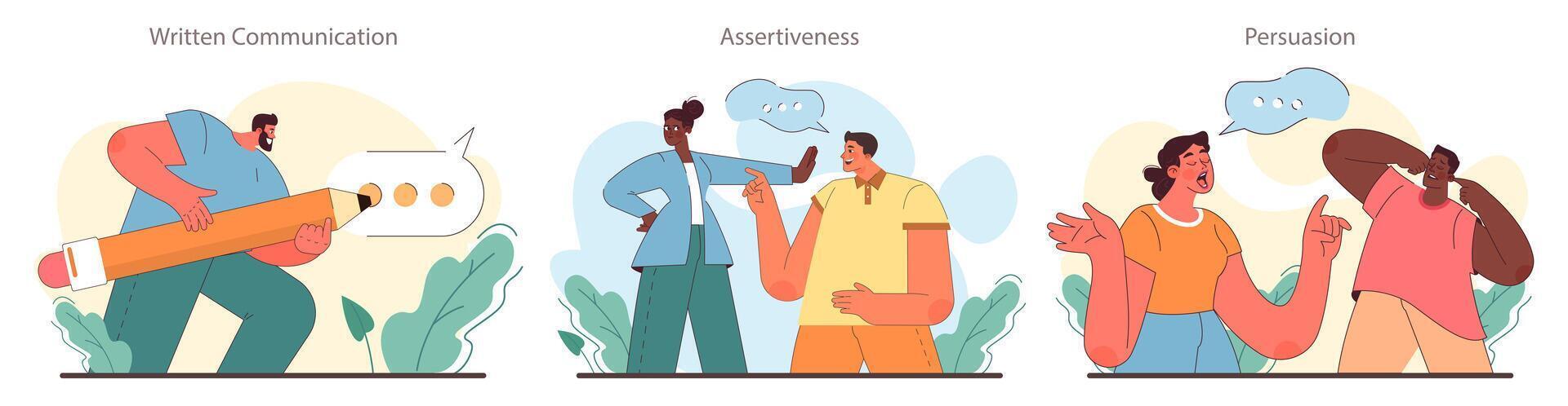 Soft skill development set. Character with communication skill. Effective vector