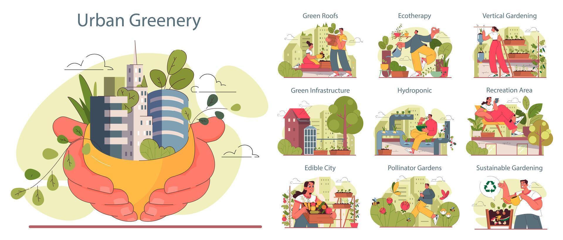 Urban farming or gardening set. City horticulture practices. Characters vector