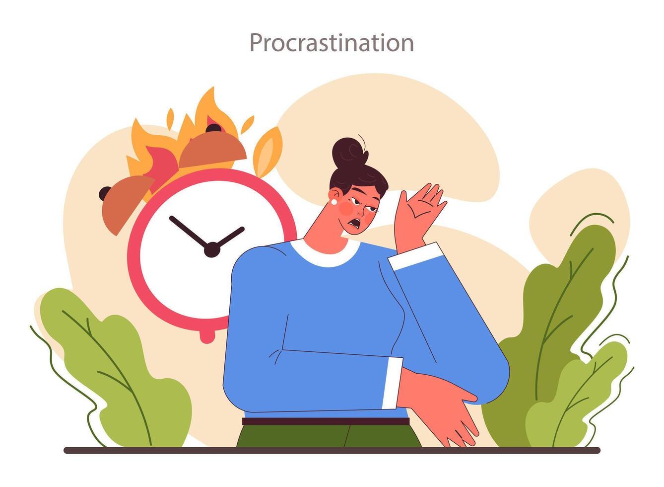 Procrastination. Bad time management skills. Lazy character postponing vector