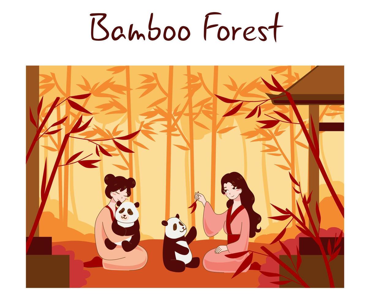 Asian character in a bamboo forest. Giant panda eating bamboo leaf. vector